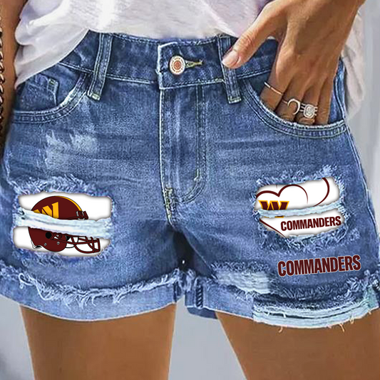 Washington Commanders Rip Print Fashion Denim Shorts DatND DVT