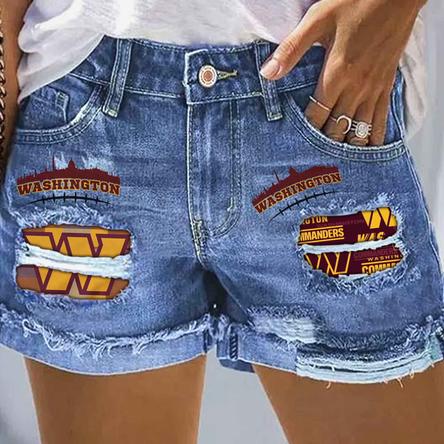 Washington Commanders Rip Print Fashion Denim Shorts DatND DVT