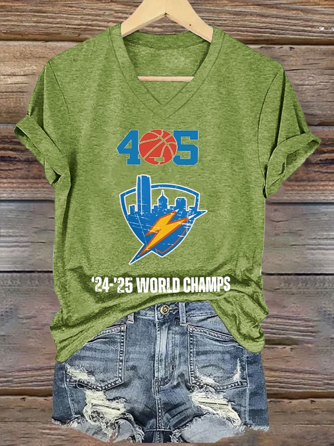 Women's 405 Basketball World Champs Print V Neck T-shirt DDT NTL