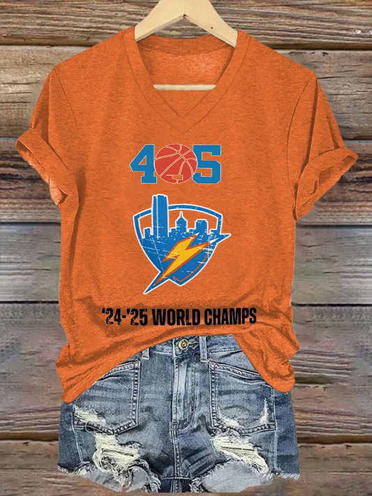 Women's 405 Basketball World Champs Print V Neck T-shirt DDT NTL