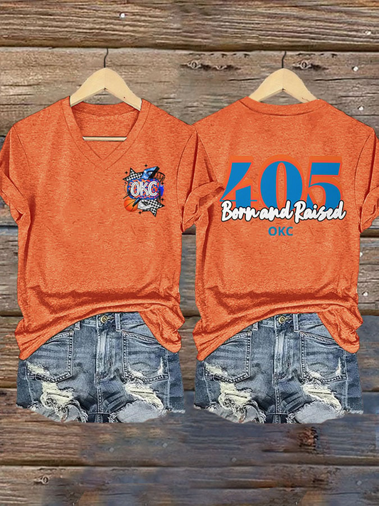 Women's 405 Born And Raised Print V Neck T-shirt DDT NTL