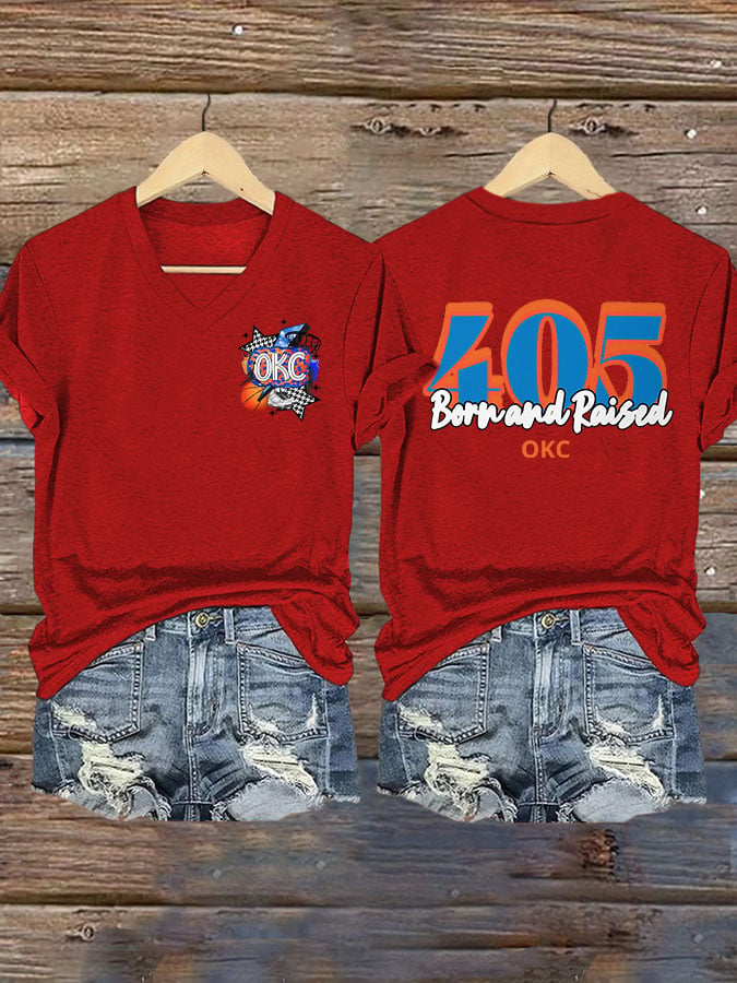 Women's 405 Born And Raised Print V Neck T-shirt DDT NTL