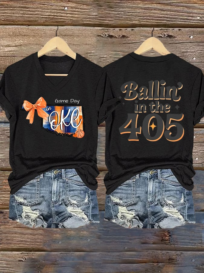 Women's Ballin' In The 405 Print V Neck T-shirt DDT NTL