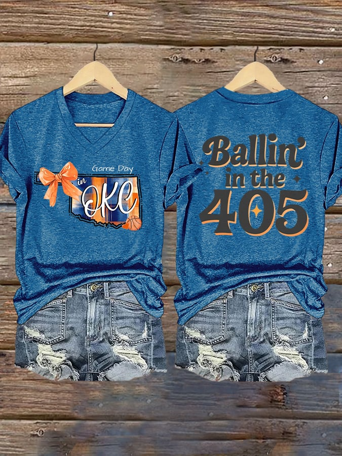 Women's Ballin' In The 405 Print V Neck T-shirt DDT NTL
