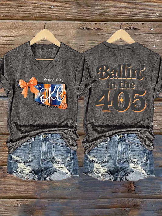 Women's Ballin' In The 405 Print V Neck T-shirt DDT NTL 1