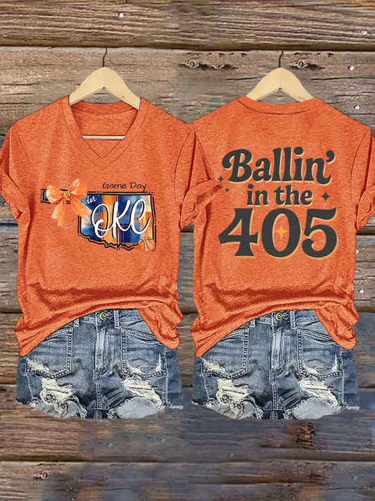 Women's Ballin' In The 405 Print V Neck T-shirt DDT NTL