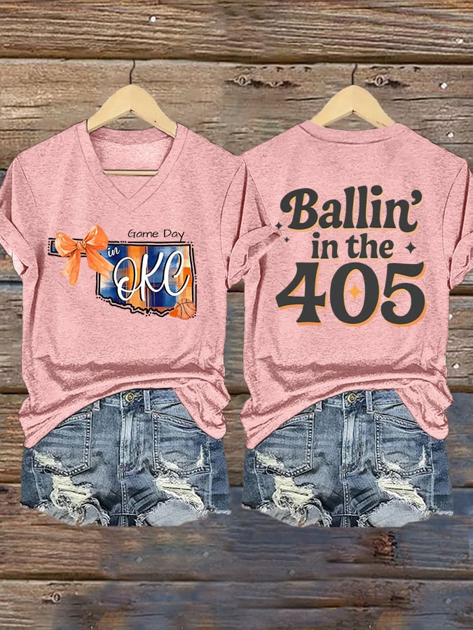 Women's Ballin' In The 405 Print V Neck T-shirt DDT NTL