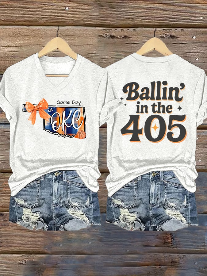 Women's Ballin' In The 405 Print V Neck T-shirt DDT NTL