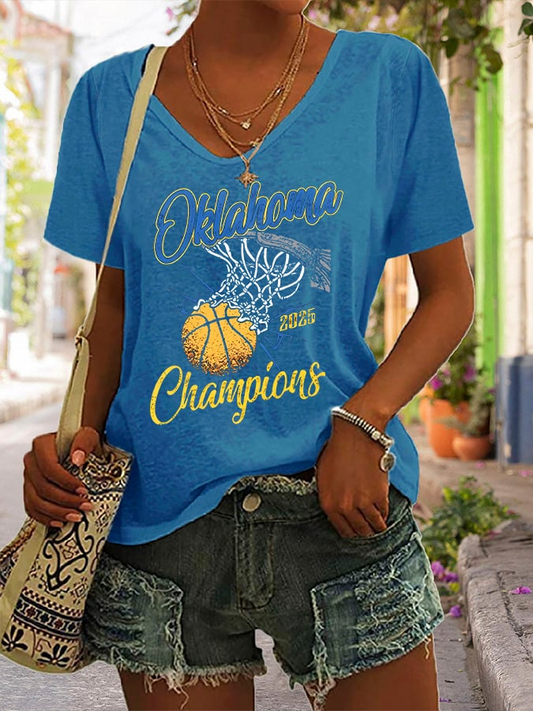 Women's Basketball World Champions Print Casual T-Shirt DDT NTL