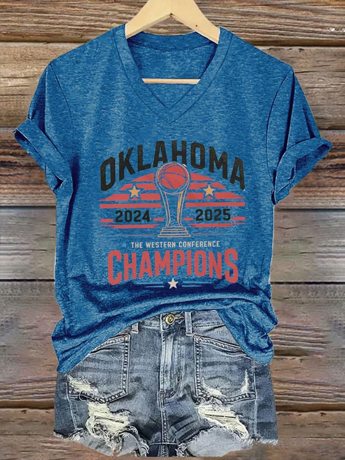 Women's Oklahoma 2024-2025 Champions of the West Basketball Print V-Neck T-Shirt DDT NTL