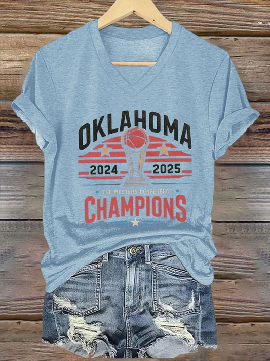 Women's Oklahoma 2024-2025 Champions of the West Basketball Print V-Neck T-Shirt DDT NTL