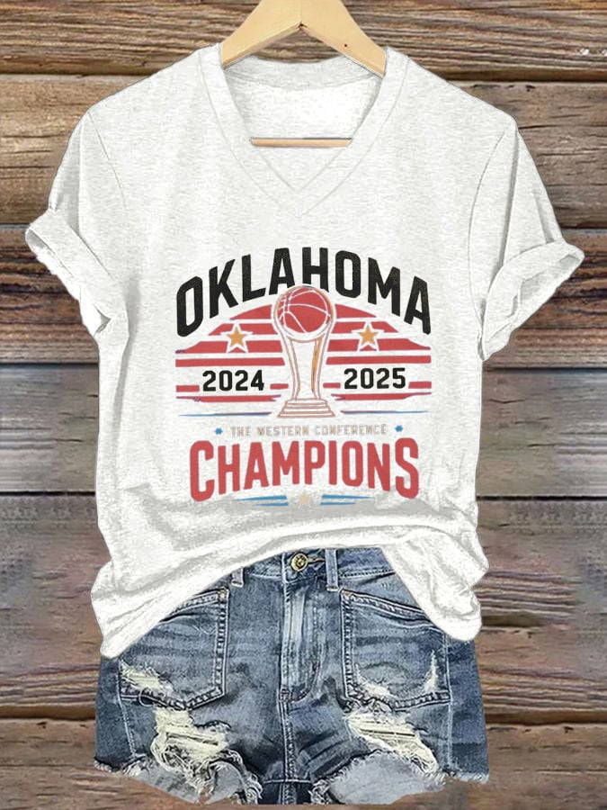 Women's Oklahoma 2024-2025 Champions of the West Basketball Print V-Neck T-Shirt DDT NTL