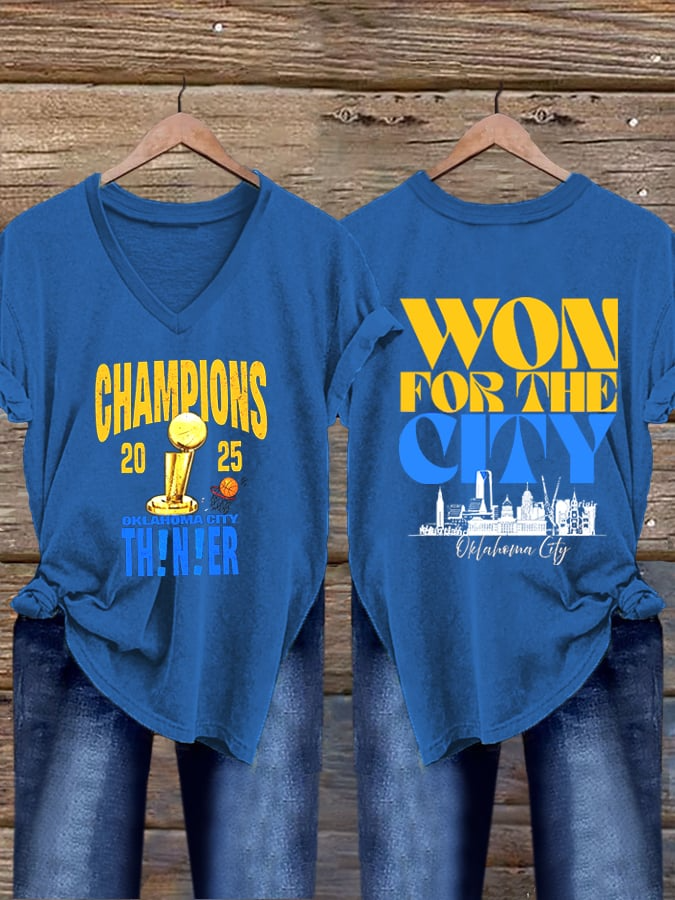 Women's Oklahoma 2025 Champions Basketball Print V-Neck T-Shirt DDT NTL