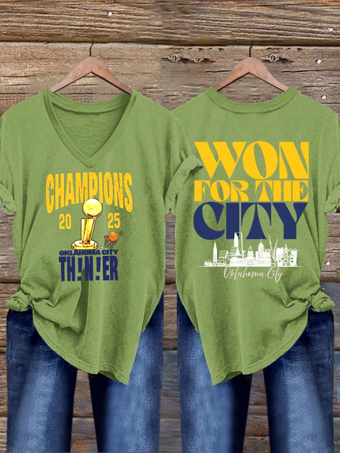 Women's Oklahoma 2025 Champions Basketball Print V-Neck T-Shirt DDT NTL