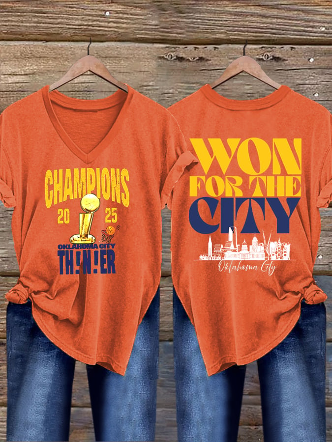 Women's Oklahoma 2025 Champions Basketball Print V-Neck T-Shirt DDT NTL