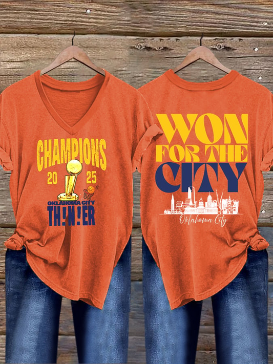 Women's Oklahoma 2025 Champions Basketball Print V-Neck T-Shirt DDT NTL