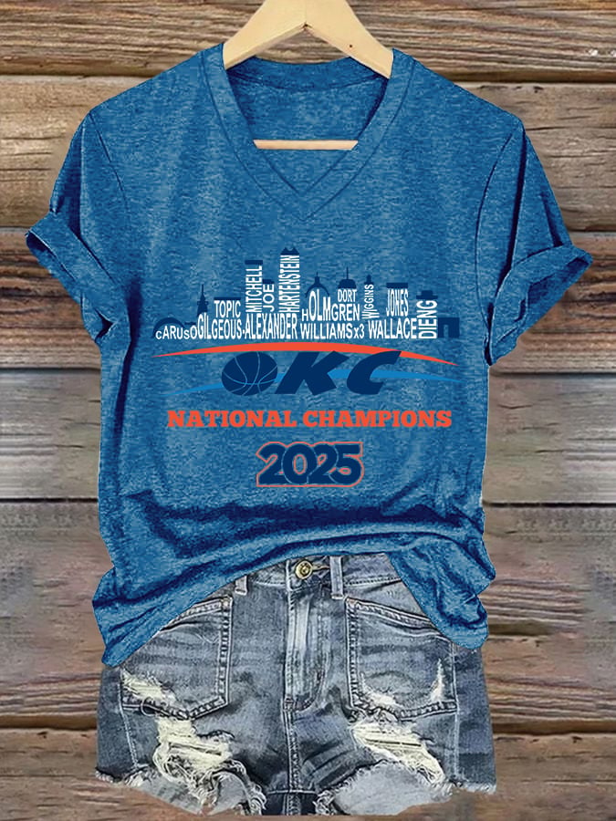 Women's Oklahoma 2025 Champions Basketball Print V3 V-Neck T-Shirt DDT NTL