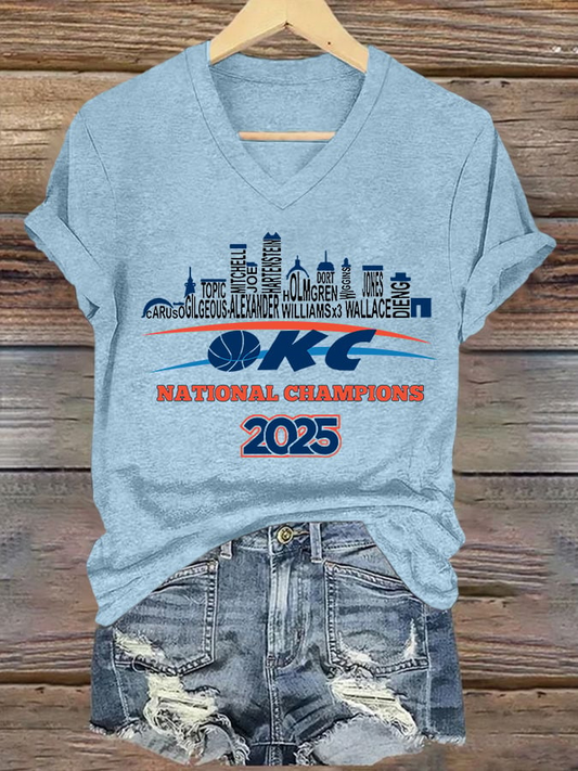 Women's Oklahoma 2025 Champions Basketball Print V3 V-Neck T-Shirt DDT NTL