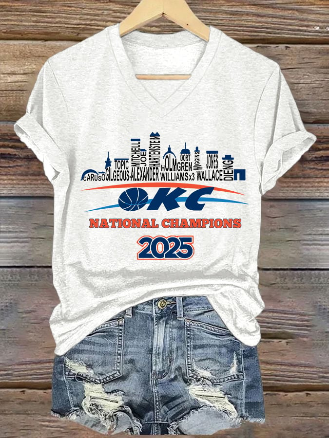Women's Oklahoma 2025 Champions Basketball Print V3 V-Neck T-Shirt DDT NTL