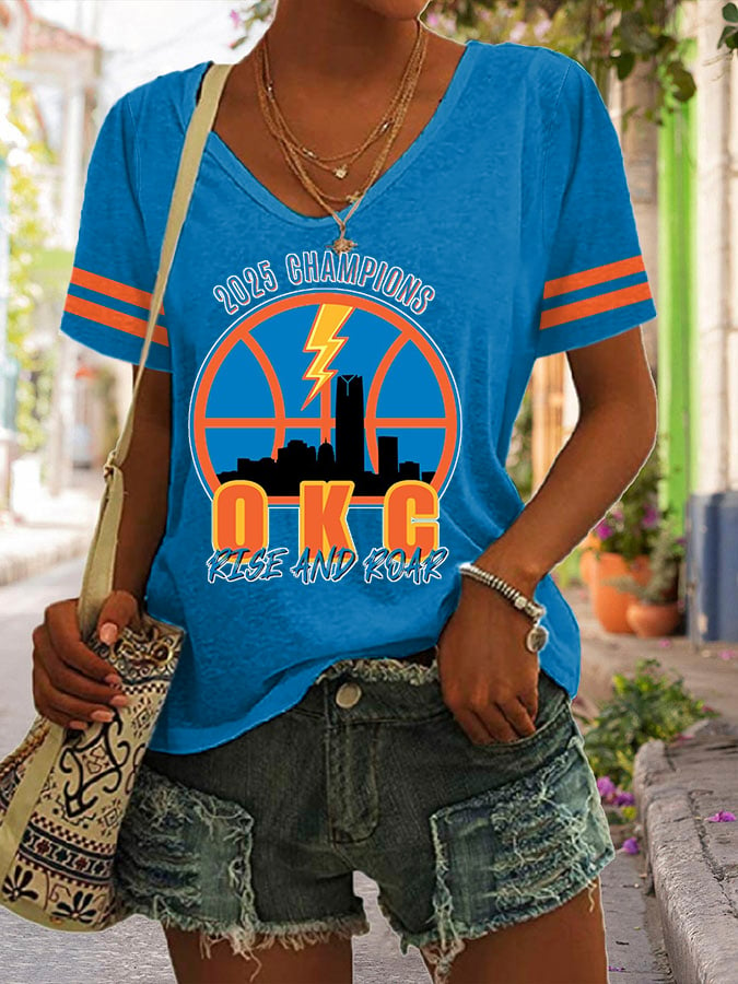 Women's Retro 2025 Champions OKC Rise And Roar Print V Neck T-Shirt DDT NTL