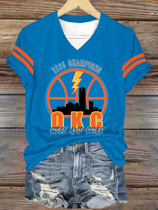 Women's Retro 2025 Champions OKC Rise And Roar Print V2 V Neck T-Shirt DDT NTL