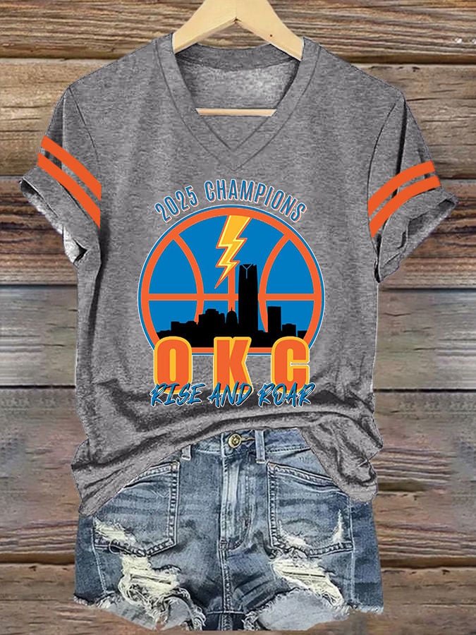 Women's Retro 2025 Champions OKC Rise And Roar Print V2 V Neck T-Shirt DDT NTL
