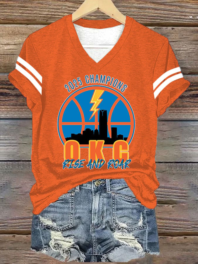 Women's Retro 2025 Champions OKC Rise And Roar Print V2 V Neck T-Shirt DDT NTL