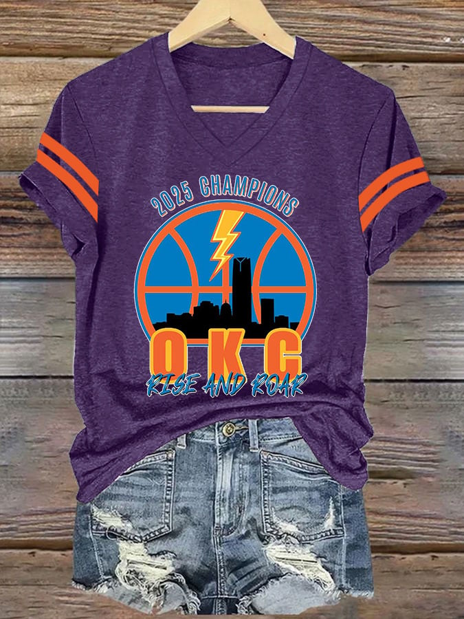 Women's Retro 2025 Champions OKC Rise And Roar Print V2 V Neck T-Shirt DDT NTL