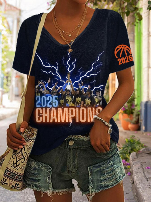Women's Retro Basketball 2025 Champions Print V Neck T-Shirt DDT NTL