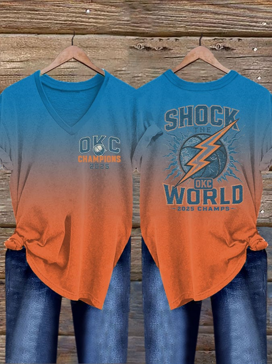 Women's Retro OKC Thunder Champions Shirt 2025 Print V Neck T-Shirt DDT NTL