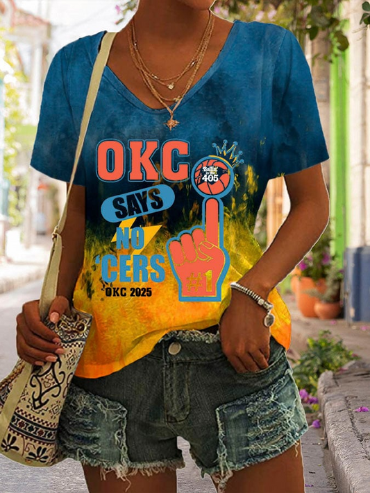 Women's Says No Cer Basketball Print V Neck T-shirt DDT NTL