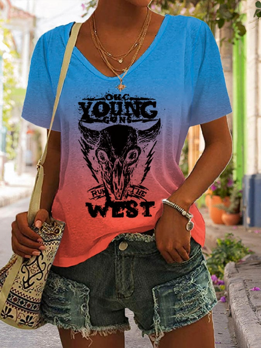 Women's Young Guns Run The West Basketball Print V Neck T-shirt DDT NTL